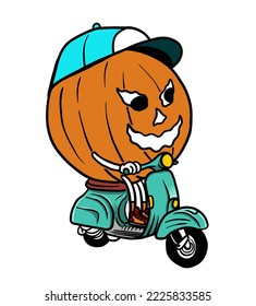 Illustration of a halloween pumpkin riding a vespa