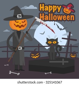 Illustration Halloween pumpkin with scythe and cat