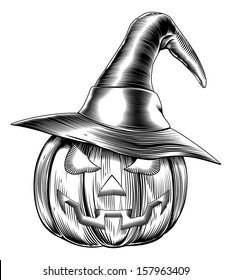 An illustration of a Halloween pumpkin wearing a witch hat in a retro vintage woodblock or woodcut etching style
