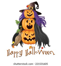 Illustration of Halloween pumpkin with witch's hat and broomstick
