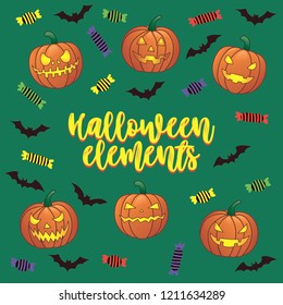 Illustration for Halloween. Halloween pumpkins. Bright drawing. Vector illustration. Sweetness or nastiness Halloween.