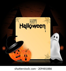 Illustration for Halloween with pumpkins and ghost and place for your text