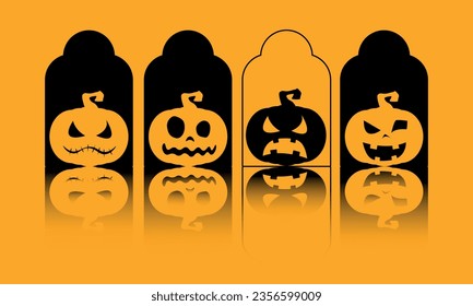 Illustration of Halloween pumpkins on a yellow background. Emotional Halloween pumpkins. Silhouettes. Blank for a postcard, banner, business card, invitation. Halloween background.
