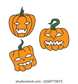 illustration halloween pumpkins set, colorful and outline jack o lantern characters, stickers pack, vector graphic	