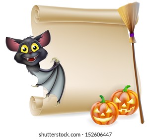 An illustration of a Halloween scroll with space for your message and witches cats and broomstick and cartoon bat