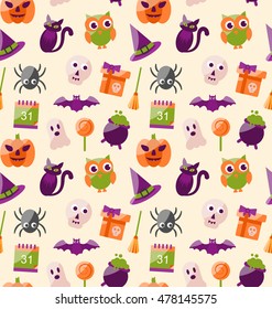 Illustration Halloween Seamless Pattern with Colorful Flat Icons. Abstract Holiday Wallpaper - Vector