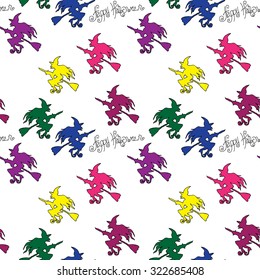 Illustration of Halloween. Seamless pattern with festive decorations. Witches on broomsticks.