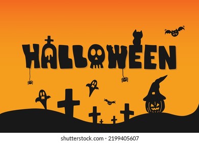 Illustration of Halloween seasonal background design by hand drawn. Halloween orange background.