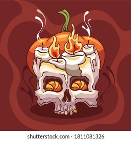 illustration for Halloween "skull with candles with a pumpkin"