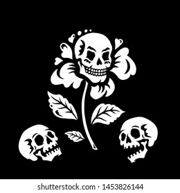 Illustration for Halloween. Skull in a flower. Black background. Great for greeting cards, invitations, for printing on T-shirts and more.