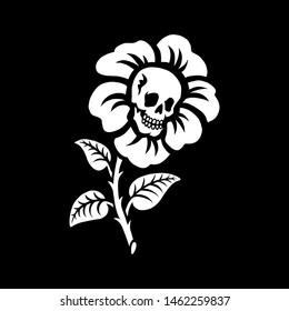 Illustration for Halloween. Skull in a flower. Halloween flower. Isolated on black background. Great for greeting cards, invitations, for printing on T-shirts and more.