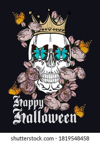 Illustration for halloween. Skull in a thicket of roses with butterflies.