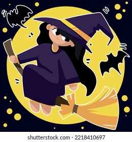 Illustration of halloween sorcerer flying on broom against dark background with moon.