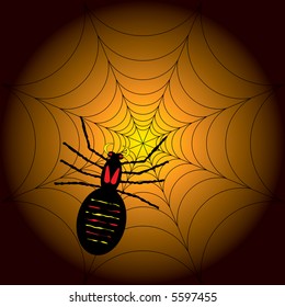 ilustración de una araña de halloween en su web con fondo naranja y negro
