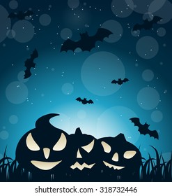 Illustration Halloween Spooky Dark Background with Carving Pumpkins and Bats - Vector