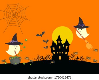 Illustration of Halloween. Spooky house and cute ghost.