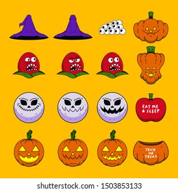 illustration for halloween such as wizzard hat and pumpkin