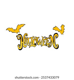 Ilustración de icono de texto de Halloween con decoración de dos murciélagos volando a la izquierda y a la derecha sin fondo