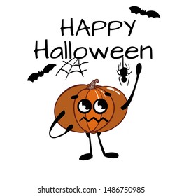 Illustration of  Halloween text, lettering and cute pumpkin and bats.   Doodle style. Vector version.