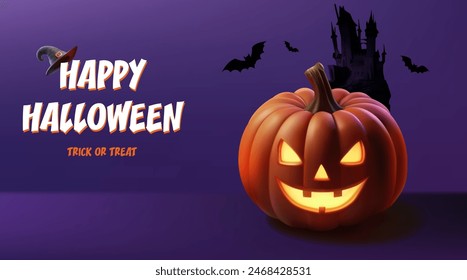 Illustration of Halloween theme banner with  Jack O Lantern pumpkin . castle on background.  