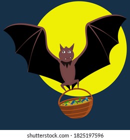 illustration of a Halloween - themed bat on a moon background with a basket of candy in its paws