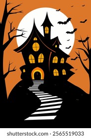 Illustration of a Halloween themed drawing of a creepy house with bats flying around it.