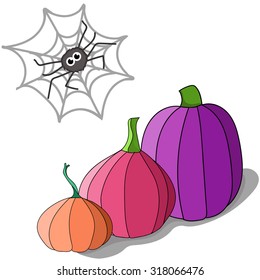 Illustration for Halloween. Three funny pumpkins. Illustration with colorful pumpkins.