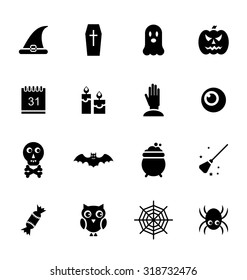 Illustration Halloween Traditional Icons, Black Silhouettes Isolated on White Background - Vector