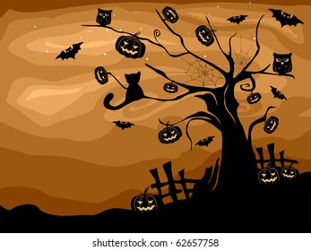 Illustration of a Halloween Tree with Bats, Cats, Owls, and Pumpkins
