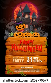 Illustration Halloween (trick or treat) night Poster for invitation such as Castle, pumpkin, skull, tree, undead, scarecrow, moon, fog, vine, defend, banner for designer create banner or web page