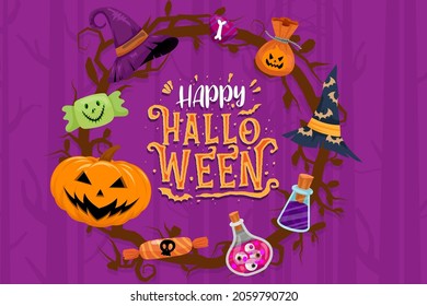 Illustration Halloween (trick or treat) poster such as Poster for invitation.  Pumpkin, candy, skull, poison, bottle, witch, hat, bone, candy, vine, eye for designer create banner or web page