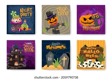 Illustration Halloween (trick Or Treat) Poster For Invitation. Skull, Web, Hands Banner, Defend, Castle, Bat, Cross, Tree, Scarecrow, Cat, Poison, Candy, Bottle For Designer Create Banner Or Web Page