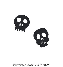 Illustration for Halloween of Two Black Skulls with Sinister Faces in Flat Style on White Background. Vector