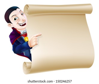 An illustration of a Halloween Vampire Dracula character peeping round a scroll sign or banner and pointing at it