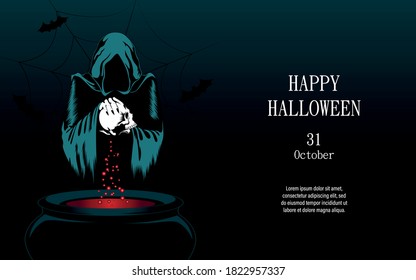 Illustration for Halloween. Vector image of a conjuring witch with a skull. Design elements for postcard, flyer, banner, background.