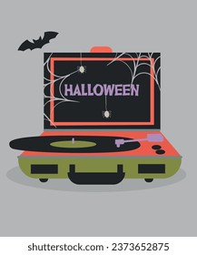 Illustration Halloween with Vintage Record Player and Web, Spider,Bat