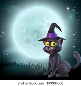 Illustration of a Halloween witch cat in a pointy hat  in front of a big full moon on a misty night