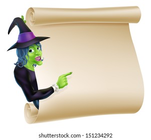 An illustration of a Halloween witch character peeping round a scroll sign or banner and pointing at it