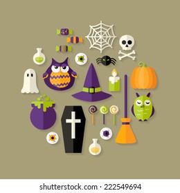 Illustration of Halloween and Witch Flat Icons Set