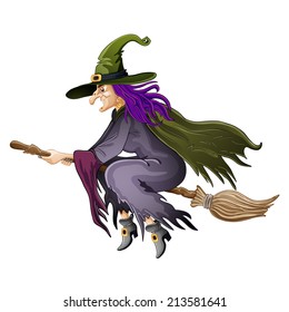 Illustration of Halloween witch flying on broom