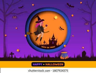 Illustration Halloween with witch girl on purple background