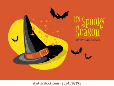 An illustration of Halloween witch hat decorated with bats, stars and moon