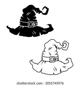 Illustration of halloween witch hat in vintage monochrome style. Design element for logo, label, sign, emblem, poster. Vector illustration