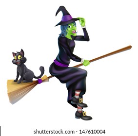 An illustration of a Halloween Witch with her black cat flying on her magic Broomstick