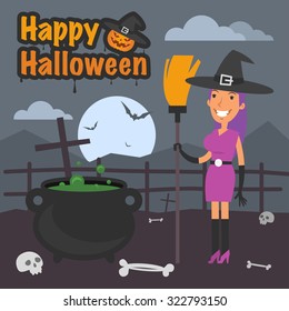 Illustration Halloween witch holding broom