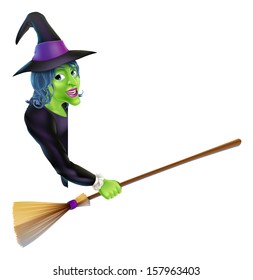 An illustration of a Halloween witch leaning round a banner or sign and pointing with her broom