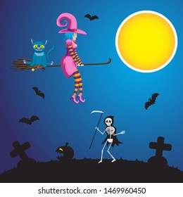 Illustration of a Halloween young witch flying on a broomstick with a cat pumpkin and a skeleton with a scythe going through the cemetery. Vector image eps 10