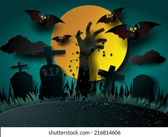 Illustration of Halloween Zombie Party. paper art style.