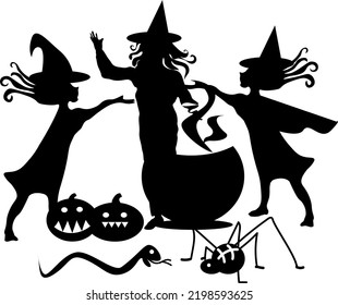 illustration of halloween.three witches are conjuring at the cauldron.Silhouettes of witches