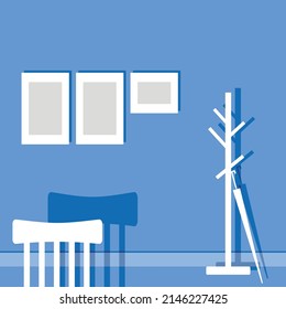 illustration of hallway with some pictures in frames on a blue wall; stylish modern coat stand, chair and an umbrella, created in flat vector
